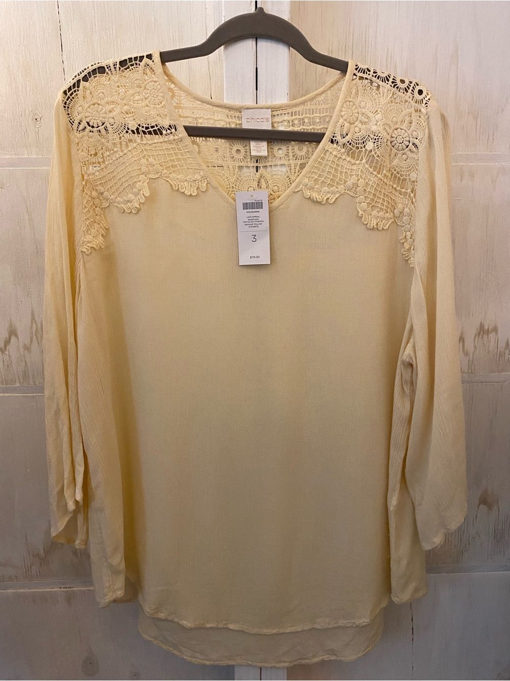 Chico's Pale 3/4 Slv Yellow 3 XL Crochet Yoke V-Neck Tunic New Boho Bohemian